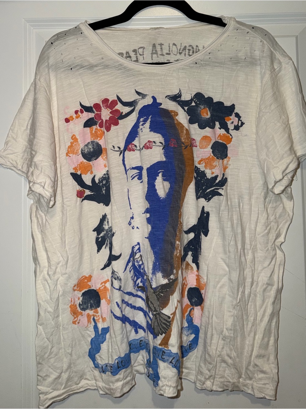 Magnolia Pearl White Graphic Floral Tee with Blue & Orange Accents